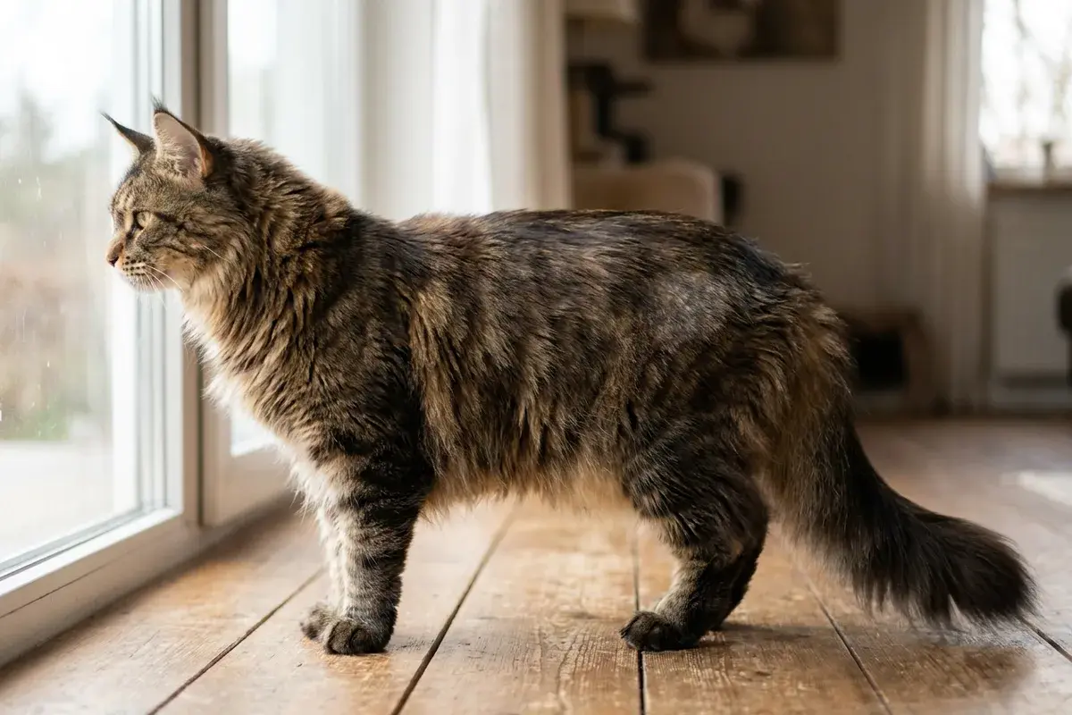 Aikuinen ruskeatabby maine coon seisoo sivuttain puulattialla ikkunan ääressä